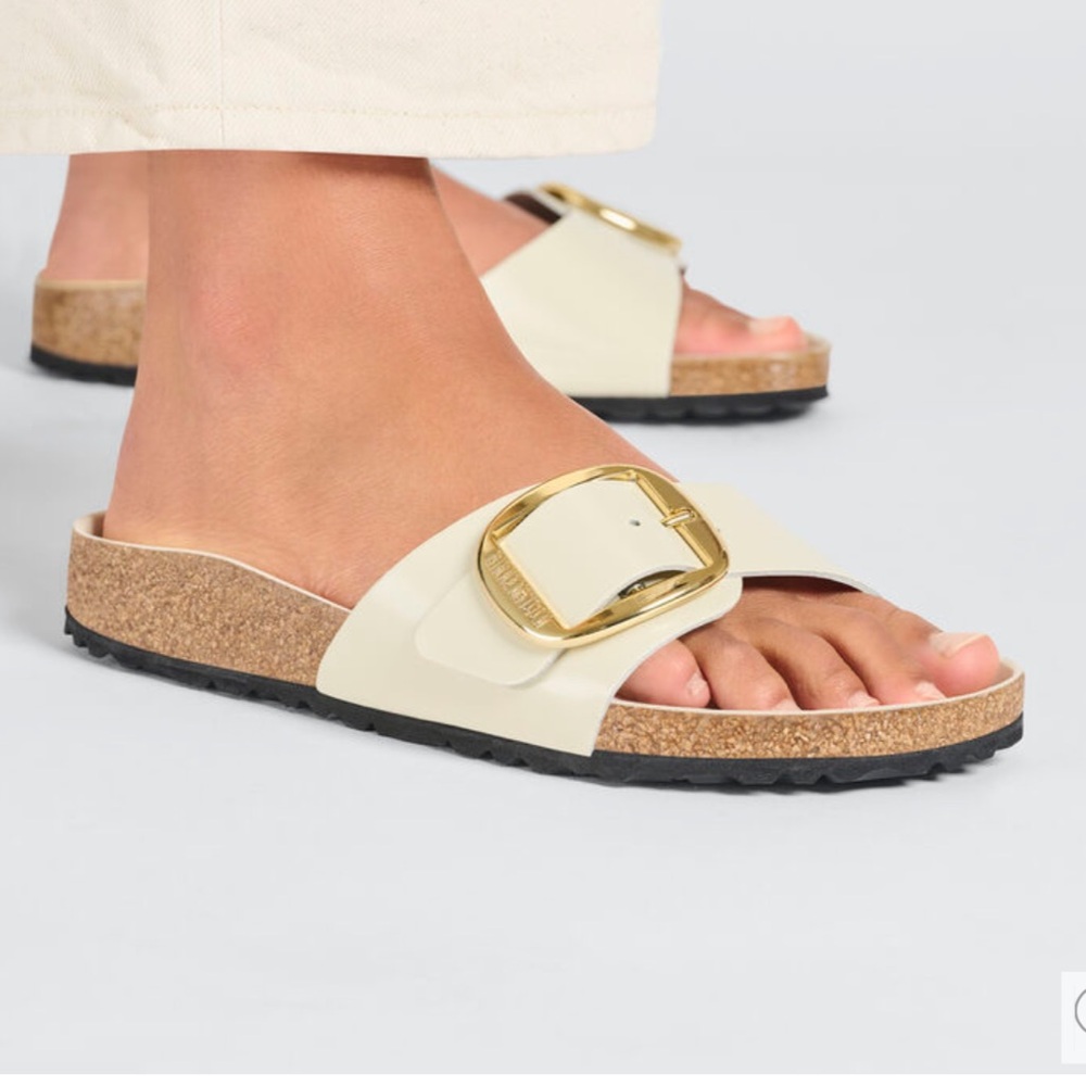 NWT Birkenstock Madrid High Shine Ecru Big Buckle Gold Beige Sandals